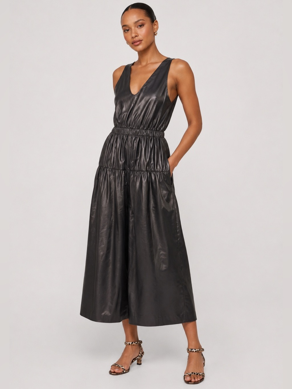Tibi Gray Metallic Liquid Drape Shirred Culotte Jumpsuit Size 6
